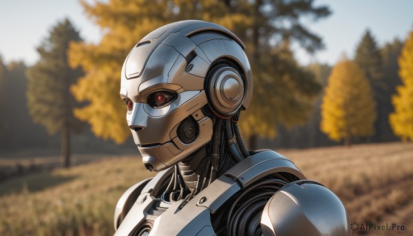 solo,red eyes,1boy,upper body,male focus,outdoors,day,blurry,tree,no humans,blurry background,helmet,robot,portrait,nature,colored sclera,science fiction,realistic,android,black sclera,cyborg,looking ahead,humanoid robot,sky,from side,orange eyes,mecha