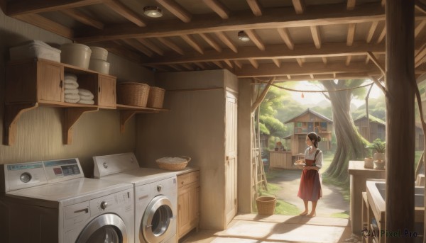 1girl,solo,short hair,skirt,shirt,black hair,holding,standing,ponytail,outdoors,food,japanese clothes,barefoot,day,indoors,from behind,apron,tree,window,red skirt,sunlight,plant,hakama,nature,scenery,hakama skirt,plate,basket,potted plant,laundry,brown hair,white shirt,short sleeves,shadow,chair,sandals,wide shot,shelf,holding basket,washing machine