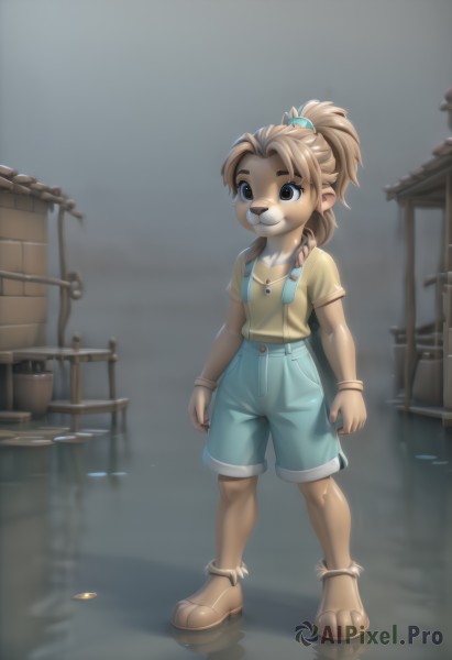 1girl,solo,smile,short hair,blue eyes,brown hair,shirt,hair ornament,animal ears,brown eyes,jewelry,closed mouth,standing,full body,ponytail,short sleeves,outdoors,shorts,shiny,artist name,signature,water,necklace,blurry,flat chest,bracelet,watermark,brown footwear,sandals,thick eyebrows,suspenders,child,furry,freckles,reflection,blue shorts,yellow shirt,hair tie,furry female,female child,overalls,body fur,animal nose,topknot,snout,blonde hair,collarbone,shoes,blurry background,t-shirt,coin,green shorts,brown fur,high-waist shorts