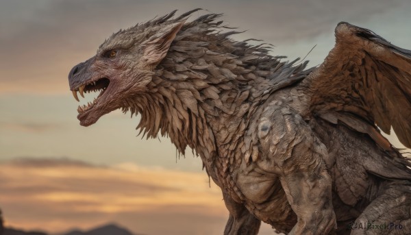 solo,open mouth,tail,yellow eyes,upper body,outdoors,wings,horns,sky,teeth,cloud,blurry,from side,orange eyes,no humans,fangs,sharp teeth,monster,dragon,scales,profile,blurry background,mountain,realistic,kaijuu