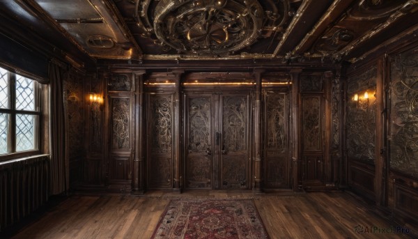 day,indoors,no humans,window,sunlight,scenery,wooden floor,stairs,door,light,architecture,gears,ceiling,hallway,carpet,rug,chandelier,fantasy,candle,candlestand