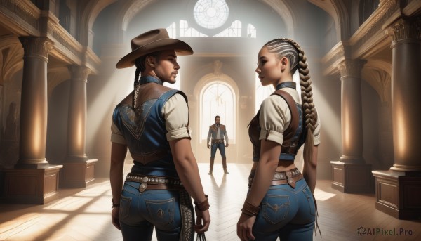 1girl,long hair,breasts,multiple girls,blonde hair,brown hair,shirt,black hair,1boy,hat,2girls,jewelry,medium breasts,standing,closed eyes,ass,braid,short sleeves,multicolored hair,earrings,multiple boys,choker,belt,pants,indoors,dark skin,2boys,from behind,vest,twin braids,bracelet,two-tone hair,lips,tattoo,shadow,facial hair,back,drill hair,sunlight,denim,beard,buckle,walking,jeans,light rays,realistic,nose,arms at sides,brown headwear,blue pants,leather,pillar,cowboy hat,church,dreadlocks,cowboy western,smile,white shirt,looking back,dark-skinned female,single braid