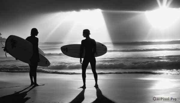 1girl,short hair,1boy,holding,standing,monochrome,greyscale,outdoors,multiple boys,sky,cloud,2boys,water,shadow,ocean,beach,sunlight,sunset,sand,sun,horizon,silhouette,waves,surfboard,male focus