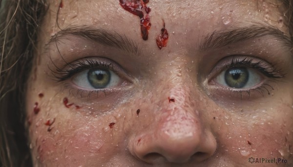 1girl,solo,looking at viewer,brown hair,brown eyes,yellow eyes,lips,eyelashes,blood,gem,portrait,close-up,freckles,reflection,injury,realistic,eye focus,black hair,green eyes,blurry,water drop,blood on face,dirty,dirty face