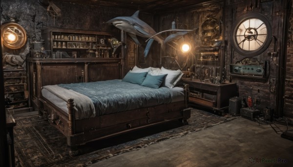 indoors,pillow,book,no humans,window,bed,on bed,chair,table,scenery,fish,wooden floor,paper,stairs,fantasy,blanket,clock,bookshelf,lamp,bedroom,carpet,whale,rug,globe,telescope,bed sheet,stuffed toy,stuffed animal,bottle,door,wall,shark,cabinet,wooden wall,stuffed shark,radio