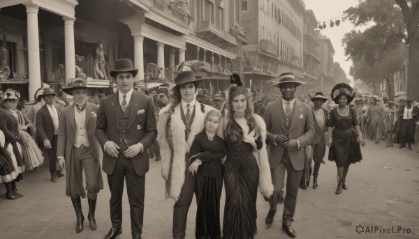 long hair,breasts,looking at viewer,smile,short hair,bangs,multiple girls,large breasts,shirt,gloves,long sleeves,hat,dress,bow,holding,cleavage,jewelry,medium breasts,closed mouth,standing,jacket,monochrome,braid,greyscale,earrings,boots,outdoors,multiple boys,open clothes,necktie,glasses,pointy ears,collared shirt,pants,dark skin,3girls,necklace,hair bun,scarf,looking at another,vest,black dress,high heels,bracelet,open jacket,tree,cup,lips,coat,hand on hip,fur trim,mask,buttons,facial hair,6+girls,formal,single hair bun,sunglasses,suit,building,child,beard,drinking glass,walking,6+boys,hand in pocket,shawl,top hat,height difference,mustache,long dress,old,sepia,old man,fedora,cane,pearl necklace,crowd,old woman,road,dancing,street