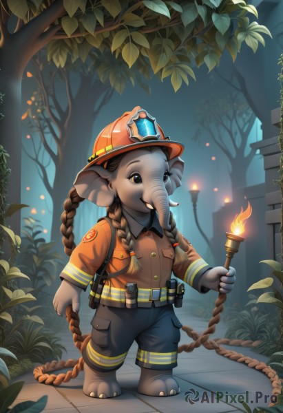 solo,long hair,brown hair,shirt,1boy,hat,holding,brown eyes,very long hair,closed mouth,standing,full body,braid,male focus,outdoors,barefoot,pants,artist name,twin braids,tree,night,leaf,watermark,helmet,fire,plant,child,nature,furry,pocket,candle,furry male,orange shirt,torch,stone floor,long sleeves,animal ears,tail,shorts,belt,grass