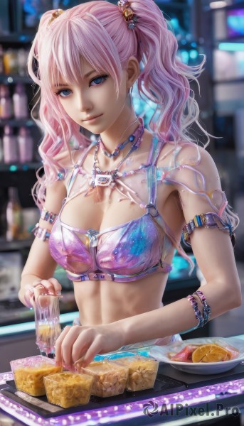 1girl,solo,long hair,breasts,looking at viewer,smile,blue eyes,hair ornament,cleavage,twintails,jewelry,medium breasts,swimsuit,upper body,pink hair,food,midriff,necklace,nail polish,blurry,bracelet,cup,blurry background,ring,armlet,realistic,bangs,closed mouth,bikini,lips,bikini top only,alcohol