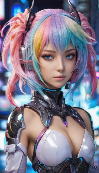 1girl,solo,breasts,looking at viewer,short hair,bangs,blue eyes,blonde hair,cleavage,bare shoulders,twintails,medium breasts,closed mouth,blue hair,upper body,pink hair,multicolored hair,detached sleeves,artist name,blurry,two-tone hair,lips,streaked hair,clothing cutout,eyelashes,bodysuit,makeup,blurry background,headgear,cleavage cutout,headset,science fiction,realistic,nose,small breasts,gradient hair,depth of field,headphones,pink lips