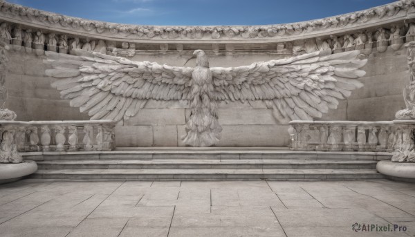 1girl,solo,long hair,dress,monochrome,greyscale,outdoors,wings,sky,day,indoors,from behind,scenery,feathered wings,angel wings,stairs,angel,pillar,statue,standing,nude,cloud,blue sky,spot color,white wings,facing away,multiple wings,column,fountain