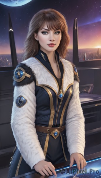 1girl,solo,long hair,breasts,looking at viewer,blue eyes,brown hair,jewelry,weapon,earrings,sky,belt,signature,lips,coat,fur trim,window,makeup,night,moon,lipstick,star (sky),night sky,starry sky,science fiction,realistic,nose,space,planet,earth (planet),spacecraft,bangs,long sleeves,dress,brown eyes,standing,artist name,uniform,emblem,insignia