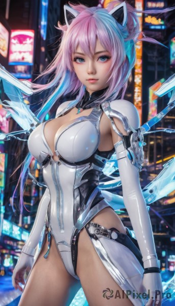 1girl,solo,long hair,breasts,looking at viewer,bangs,blue eyes,large breasts,gloves,animal ears,cleavage,medium breasts,blue hair,standing,ponytail,pink hair,multicolored hair,cowboy shot,parted lips,elbow gloves,cat ears,white gloves,fingerless gloves,blurry,two-tone hair,leotard,lips,see-through,clothing cutout,bodysuit,gradient hair,blurry background,fake animal ears,highleg,highleg leotard,science fiction,white leotard,hair between eyes,closed mouth,outdoors,detached sleeves,wings,armor,cleavage cutout,zipper,realistic,mechanical wings,neon lights