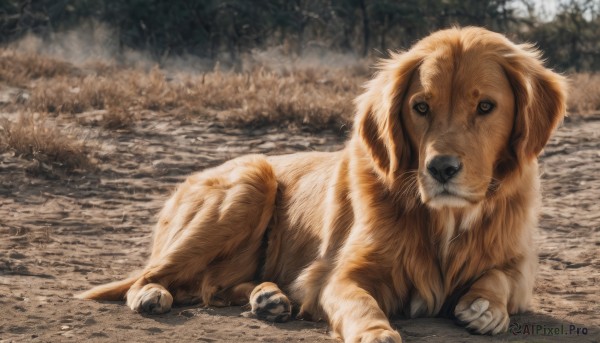 solo,looking at viewer,full body,outdoors,lying,day,black eyes,tree,no humans,animal,nature,forest,dog,realistic,animal focus,brown fur,signature,water,on side,rock