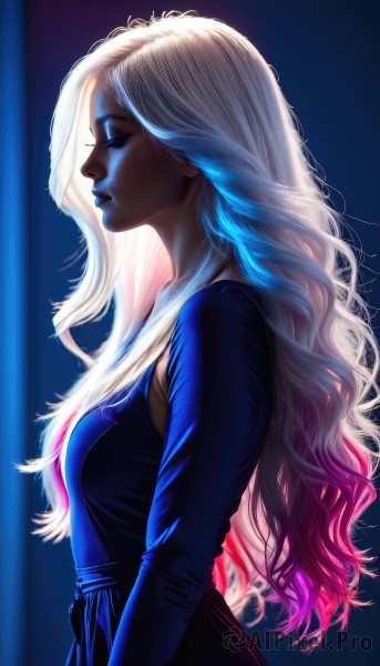 1girl,solo,long hair,breasts,blonde hair,long sleeves,dress,medium breasts,closed mouth,closed eyes,upper body,pink hair,white hair,multicolored hair,from side,two-tone hair,lips,eyelashes,profile,makeup,blue dress,glowing,colored skin,blue background,wavy hair,lipstick,eyeshadow,nose,blue lips,glowing hair,artist name,signature,dark skin,black dress,dark-skinned female,gradient hair,backlighting,curly hair,light,mascara,sidelighting