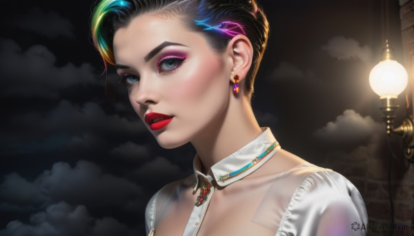 1girl,solo,looking at viewer,short hair,blue eyes,black hair,dress,jewelry,blue hair,collarbone,upper body,multicolored hair,earrings,outdoors,parted lips,sky,cloud,collar,two-tone hair,lips,streaked hair,see-through,eyelashes,makeup,detached collar,night,cloudy sky,lipstick,gem,portrait,eyeshadow,realistic,nose,red lips,eyeliner,brick wall,lamppost,mascara,breasts,cleavage,green hair