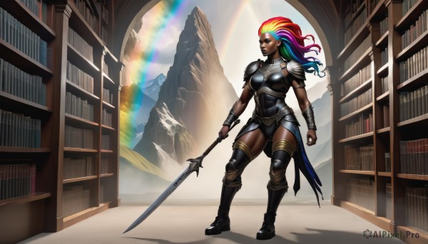 1girl,solo,long hair,breasts,thighhighs,holding,medium breasts,blue hair,standing,full body,weapon,purple hair,red hair,multicolored hair,boots,green hair,dark skin,holding weapon,armor,dark-skinned female,lips,book,polearm,shoulder armor,personification,pauldrons,spear,breastplate,bookshelf,rainbow,very dark skin,library,rainbow hair,blue eyes,jewelry,sword,two-tone hair,makeup,mountain,greaves,leg armor