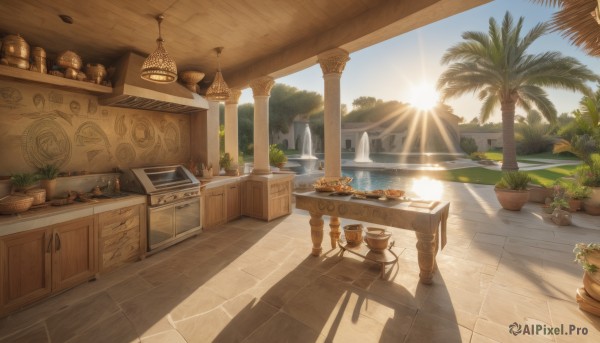 outdoors,food,sky,day,indoors,water,tree,cup,blue sky,no humans,window,shadow,chair,table,sunlight,plant,building,scenery,plate,bowl,stairs,palm tree,sun,potted plant,light,lamp,shade,pillar,flower pot,fruit,light rays,vase,kitchen,sink