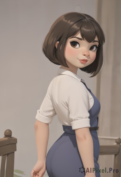 1girl,solo,breasts,looking at viewer,blush,smile,short hair,bangs,brown hair,shirt,dress,brown eyes,closed mouth,school uniform,standing,white shirt,ass,ahoge,short sleeves,cowboy shot,small breasts,necktie,collared shirt,belt,looking back,artist name,indoors,from side,lips,blue skirt,fingernails,looking to the side,blue dress,bob cut,thick eyebrows,curtains,sleeves rolled up,freckles,nose,thick lips,skirt,makeup,office lady