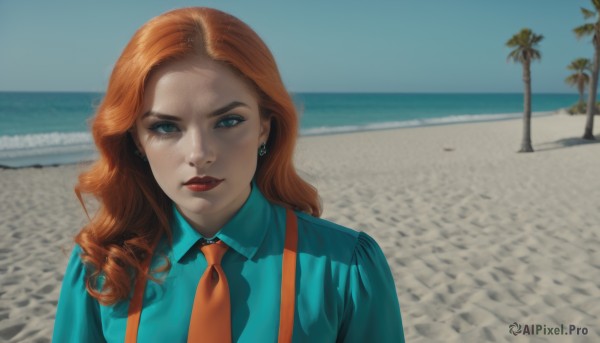 1girl,solo,long hair,looking at viewer,blue eyes,shirt,jewelry,closed mouth,upper body,earrings,outdoors,necktie,sky,day,collared shirt,water,orange hair,tree,blue sky,lips,makeup,ocean,beach,suspenders,blue shirt,lipstick,freckles,curly hair,realistic,nose,sand,palm tree,red lips,orange necktie,aqua shirt,red hair