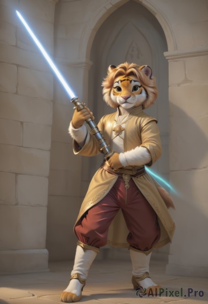 solo,looking at viewer,smile,short hair,shirt,long sleeves,1boy,holding,animal ears,brown eyes,jewelry,standing,tail,full body,white shirt,weapon,male focus,boots,belt,pants,sword,artist name,indoors,holding weapon,black eyes,coat,shadow,glowing,holding sword,thick eyebrows,furry,robe,furry male,wall,body fur,brown pants,white fur,red pants,brown coat,animal nose,glowing weapon,energy sword,tunic,glowing sword,lightsaber,gloves,jacket,open clothes,teeth,necklace,fur trim,no humans,fangs,watermark,white footwear,brown gloves,colored sclera,tiger ears,brick wall,whiskers,yellow gloves,tiger,tiger boy