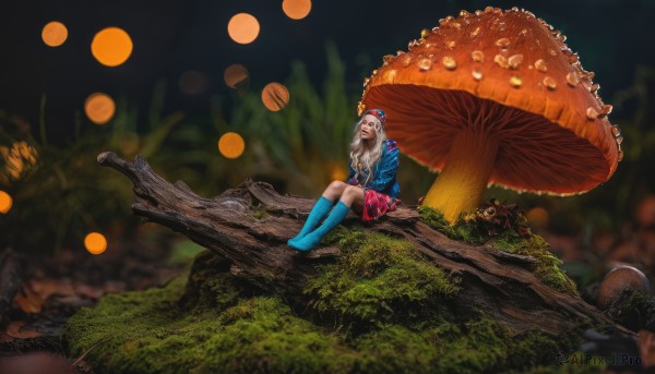 1girl,solo,long hair,skirt,blonde hair,hat,sitting,grey hair,boots,socks,blurry,tree,kneehighs,red skirt,nature,pink skirt,blue footwear,mushroom,rubber boots,moss,tree stump,log,shirt,long sleeves,jacket,white hair,pleated skirt,miniskirt,grass,realistic