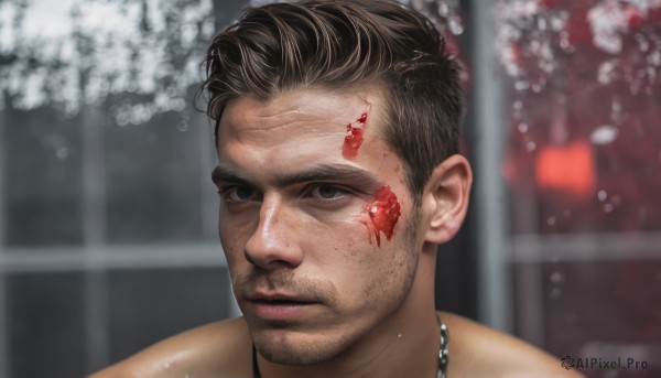 solo,looking at viewer,short hair,brown hair,black hair,1boy,brown eyes,jewelry,closed mouth,male focus,necklace,blurry,blood,blurry background,facial hair,portrait,beard,blood on face,realistic,stubble,manly,black eyes,lips,looking to the side,depth of field,looking away,nose,mustache