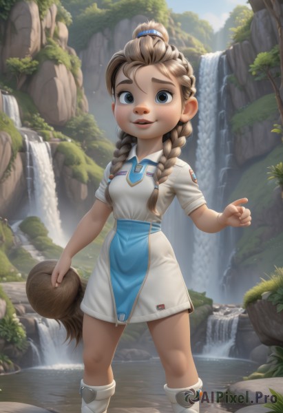 1girl,solo,long hair,breasts,looking at viewer,smile,open mouth,brown hair,dress,holding,brown eyes,standing,braid,short sleeves,small breasts,boots,outdoors,parted lips,sky,teeth,day,artist name,water,white dress,twin braids,tree,blue sky,lips,feet out of frame,white footwear,thick eyebrows,knee boots,aged down,child,nature,hair over shoulder,freckles,rock,hair tie,female child,river,waterfall,blue eyes,hair ornament,stream