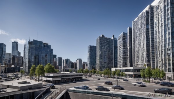 outdoors,sky,day,cloud,tree,blue sky,no humans,ground vehicle,building,scenery,motor vehicle,city,car,road,cityscape,lamppost,street,skyscraper,crosswalk,real world location,bridge,sports car,truck,skyline