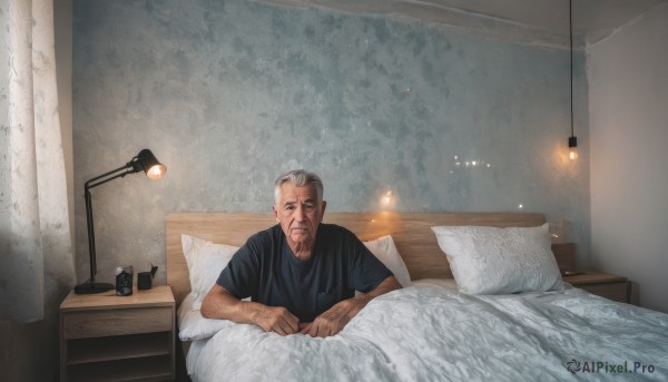 solo,short hair,brown hair,shirt,1boy,sitting,closed mouth,grey hair,male focus,pointy ears,indoors,pillow,black shirt,bed,facial hair,on bed,scar,curtains,t-shirt,beard,mature male,realistic,can,stubble,blanket,lamp,bedroom,photo background,arm hair,mustache,under covers,desk lamp