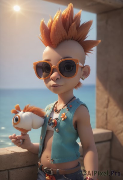 1girl,solo,looking at viewer,smile,short hair,navel,holding,jewelry,standing,earrings,outdoors,parted lips,open clothes,shorts,sleeveless,day,midriff,belt,pants,water,necklace,nail polish,orange hair,blurry,vest,flat chest,bracelet,lips,blurry background,bird,ocean,piercing,sunlight,sunglasses,ring,denim,spiked hair,ear piercing,buckle,backlighting,black belt,jeans,belt buckle,sun,unbuttoned,blue vest,navel piercing,badge,open vest,mohawk,watch,wristwatch,button badge,nose piercing,denim jacket