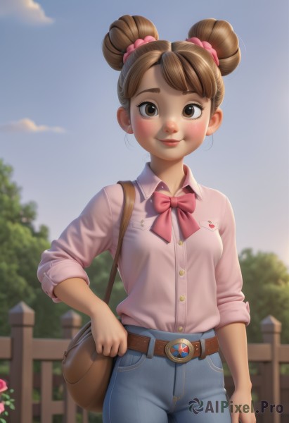 1girl,solo,breasts,looking at viewer,blush,smile,short hair,bangs,brown hair,shirt,hair ornament,long sleeves,bow,brown eyes,closed mouth,standing,white shirt,flower,cowboy shot,small breasts,outdoors,sky,day,collared shirt,belt,pants,cloud,bowtie,bag,hair bun,blurry,dark-skinned female,tree,blue sky,lips,double bun,buttons,depth of field,blurry background,rose,scrunchie,thick eyebrows,denim,pink bow,buckle,sleeves rolled up,hair scrunchie,freckles,pink shirt,jeans,belt buckle,handbag,nose,fence,blue pants,shirt tucked in,brown belt,brown bag,pink scrunchie,wooden fence