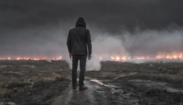 solo,long sleeves,1boy,standing,jacket,full body,male focus,outdoors,sky,shoes,pants,cloud,hood,from behind,hoodie,night,black pants,cloudy sky,fire,scenery,hood up,smoke,walking,arms at sides,facing away,fog,shirt,gloves,fingerless gloves,water,black footwear,black jacket,ocean,brown footwear,hooded jacket,1other,horizon,ambiguous gender