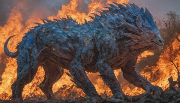 solo,red eyes,standing,tail,outdoors,horns,sky,teeth,tree,no humans,glowing,fire,sharp teeth,glowing eyes,claws,spikes,monster,fantasy,giant,bare tree,tusks,dinosaur,animal,all fours,smoke,lion