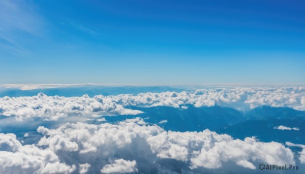 monochrome,outdoors,sky,day,cloud,blue sky,no humans,ocean,cloudy sky,scenery,blue theme,city,horizon,cityscape,landscape,above clouds,mountain