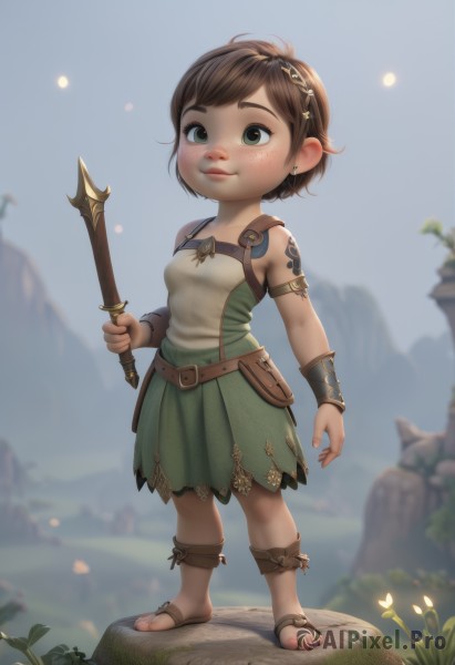 1girl,solo,breasts,smile,short hair,brown hair,hair ornament,dress,holding,bare shoulders,jewelry,closed mouth,green eyes,standing,full body,weapon,flower,hairband,earrings,small breasts,outdoors,sleeveless,belt,sword,holding weapon,blurry,lips,tattoo,toes,blurry background,holding sword,sandals,grass,knife,child,freckles,green dress,pouch,skirt,chibi,rock,realistic