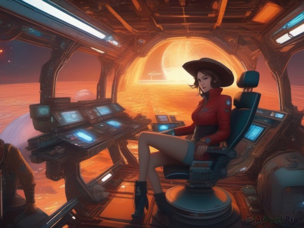 1girl,breasts,short hair,blue eyes,large breasts,brown hair,black hair,1boy,hat,sitting,jacket,boots,shorts,high heels,chair,red jacket,high heel boots,science fiction,space,computer,planet,earth (planet),spacecraft,spacesuit,cockpit,looking at viewer,smile,gloves,jewelry,green eyes,earrings,solo focus,short shorts,denim,scenery,backlighting,sunset,realistic,cowboy hat