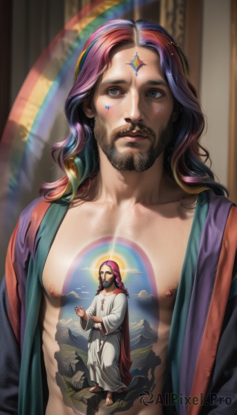 solo,long hair,looking at viewer,blue eyes,1boy,closed mouth,nipples,standing,collarbone,upper body,purple hair,male focus,multicolored hair,open clothes,horns,cloud,star (symbol),cape,two-tone hair,streaked hair,muscular,facial hair,facial mark,pectorals,muscular male,beard,single horn,robe,mature male,realistic,mustache,bare pectorals,rainbow,white robe,fine art parody,black hair,barefoot,watermark,halo,web address,freckles,mountain,forehead mark,angel