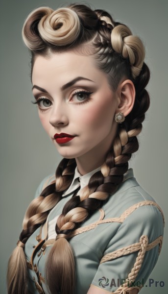 1girl,solo,long hair,breasts,looking at viewer,blonde hair,simple background,brown hair,shirt,jewelry,closed mouth,green eyes,upper body,braid,short sleeves,multicolored hair,earrings,collared shirt,grey background,uniform,black eyes,twin braids,from side,two-tone hair,lips,grey eyes,eyelashes,makeup,blue shirt,lipstick,hair over shoulder,red lips,multiple braids,black hair,white shirt,artist name,gradient background,eyeshadow,realistic,nose,eyeliner,mascara