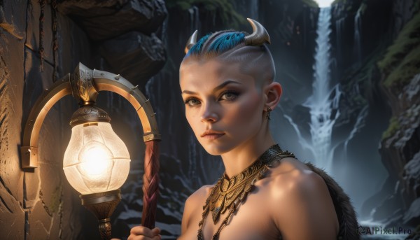 1girl,solo,looking at viewer,short hair,holding,brown eyes,jewelry,blue hair,upper body,multicolored hair,earrings,horns,water,necklace,two-tone hair,lips,grey eyes,staff,lantern,realistic,fantasy,holding staff,very short hair,waterfall,cave,mohawk