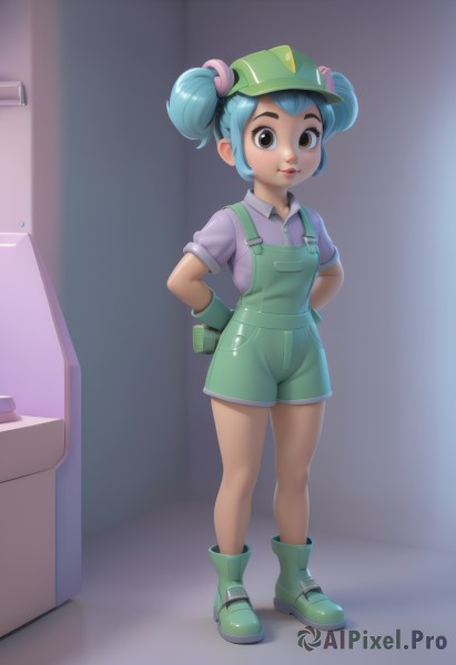 1girl,solo,looking at viewer,short hair,shirt,hair ornament,gloves,hat,twintails,brown eyes,closed mouth,blue hair,standing,full body,short sleeves,boots,shoes,shorts,collared shirt,artist name,indoors,dark skin,hair bun,black eyes,dark-skinned female,lips,double bun,aqua hair,arms behind back,short twintails,child,pocket,green headwear,door,purple shirt,female child,overalls,green footwear,green gloves,rubber boots,overall shorts,smile,white shirt,pink shirt,hands on hips,purple gloves