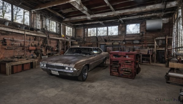 day,indoors,tree,cup,no humans,window,chair,table,ground vehicle,box,scenery,motor vehicle,snow,car,stool,vehicle focus,bare tree,ladder,barrel,wheel,truck,crate,drum (container),tire,realistic,sports car