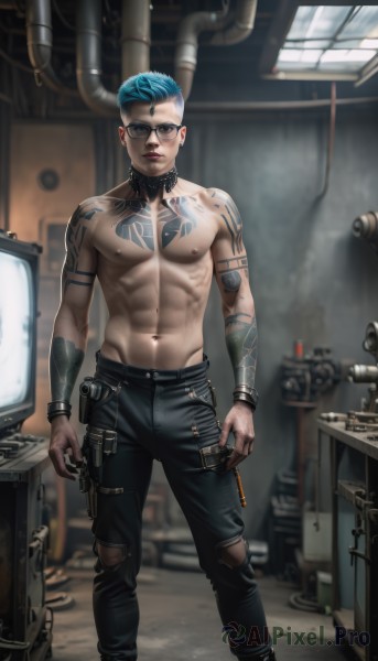 solo,looking at viewer,short hair,blue eyes,1boy,navel,jewelry,nipples,blue hair,standing,male focus,earrings,glasses,pants,blurry,collar,bracelet,torn clothes,aqua hair,tattoo,muscular,facial mark,black pants,piercing,abs,ring,pectorals,muscular male,ear piercing,topless male,jeans,realistic,arm tattoo,very short hair,undercut,navel piercing,cyborg,torn pants,cyberpunk,neck tattoo,nose piercing,lip piercing,eyebrow piercing,weapon,belt,gun,wristband,holster,wrench