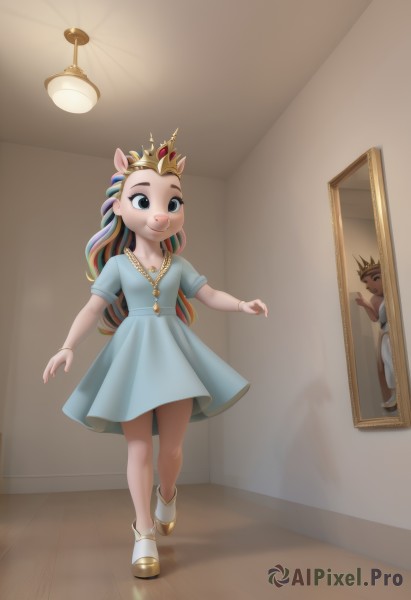 1girl,long hair,smile,open mouth,blue eyes,blonde hair,brown hair,1boy,dress,animal ears,jewelry,blue hair,standing,full body,short sleeves,multicolored hair,small breasts,shoes,solo focus,artist name,indoors,necklace,black eyes,flat chest,bracelet,two-tone hair,streaked hair,blue dress,short dress,leg up,happy,white footwear,standing on one leg,tiara,crown,child,furry,reflection,walking,mirror,door,furry female,female child,body fur,animal nose,solo,ribbon,hair ribbon,dark skin,parody,aged down,deer ears