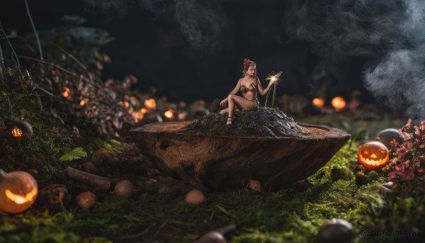 1girl,solo,long hair,breasts,brown hair,black hair,navel,holding,cleavage,bare shoulders,jewelry,medium breasts,sitting,swimsuit,bikini,outdoors,barefoot,pointy ears,dark skin,blurry,tree,night,depth of field,glowing,plant,nature,scenery,smoke,halloween,jack-o'-lantern,pumpkin,wide shot,silk,spider web,bangs,hair ornament,flower,hair flower,water,necklace,black footwear,bra,bracelet,bare arms,bare legs,blurry background,black bikini,grass,forest,knee up,skull,anklet,watercraft,mushroom,river,fog,moss