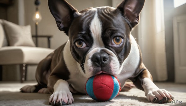 HQ,solo,looking at viewer,brown eyes,indoors,blurry,pillow,no humans,bed,depth of field,blurry background,animal,mouth hold,cat,couch,ball,realistic,animal focus,whiskers,full body,on bed,claws,playing