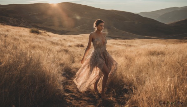 1girl,solo,breasts,short hair,black hair,dress,cleavage,bare shoulders,jewelry,medium breasts,standing,earrings,outdoors,sky,barefoot,day,dark skin,white dress,dark-skinned female,see-through,sunlight,grass,scenery,walking,mountain,realistic,field,mountainous horizon,brown hair,sun