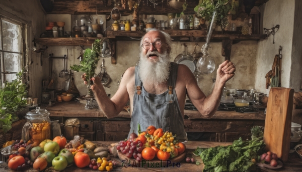 solo,open mouth,1boy,holding,white hair,male focus,food,day,indoors,apron,window,fruit,facial hair,table,bottle,knife,plant,beard,bowl,realistic,mustache,apple,basket,overalls,carrot,bald,old,old man,cooking,shelf,ladle,orange (fruit),kitchen,jar,tomato,vegetable,frying pan,potato,cutting board,onion,bare shoulders,closed eyes,upper body,signature,bare arms,scar,facing viewer,scar on face,spoon,scar across eye,naked apron,grapes,wrinkled skin