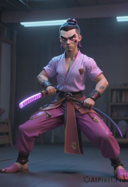 1girl,solo,looking at viewer,short hair,black hair,1boy,holding,jewelry,closed mouth,standing,full body,weapon,short sleeves,male focus,earrings,japanese clothes,pants,sword,indoors,dark skin,kimono,hair bun,holding weapon,blurry,bracelet,tattoo,blurry background,glowing,facial mark,holding sword,sandals,single hair bun,thick eyebrows,katana,sheath,toenails,serious,fighting stance,hair pulled back,topknot,dougi,glowing weapon,energy sword,glowing sword,lightsaber,breasts,brown hair,hair ornament,brown eyes,collarbone,ponytail,small breasts,sash,toes,frown,legs apart,facepaint,facial tattoo,unsheathing,pink pants