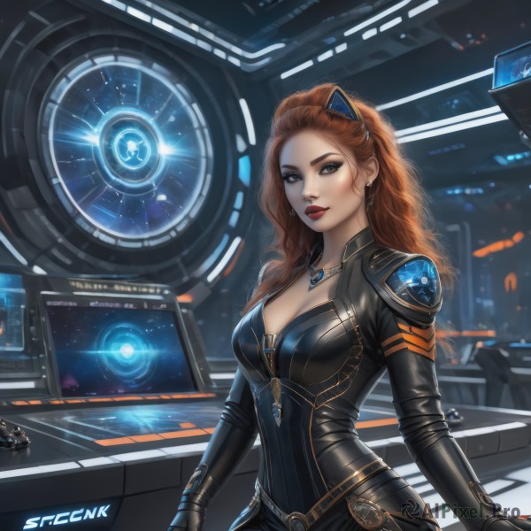 1girl,solo,long hair,breasts,looking at viewer,smile,large breasts,brown hair,hair ornament,gloves,animal ears,cleavage,brown eyes,jewelry,medium breasts,earrings,parted lips,black gloves,artist name,necklace,orange hair,armor,lips,bodysuit,makeup,wavy hair,lipstick,skin tight,science fiction,realistic,black bodysuit,clock,red lips,eyeliner,holographic interface,standing,red hair,indoors,cat ears,grey eyes,fake animal ears,zipper,freckles,curly hair,nose,motorcycle