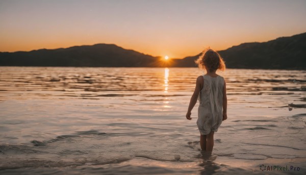 1girl,solo,short hair,brown hair,dress,bare shoulders,twintails,standing,outdoors,sky,barefoot,sleeveless,dark skin,water,from behind,white dress,dark-skinned female,sleeveless dress,ocean,beach,scenery,wading,reflection,walking,sunset,sand,arms at sides,sun,horizon,facing away,dirty,waves,evening,shore,orange sky,footprints,dirty clothes